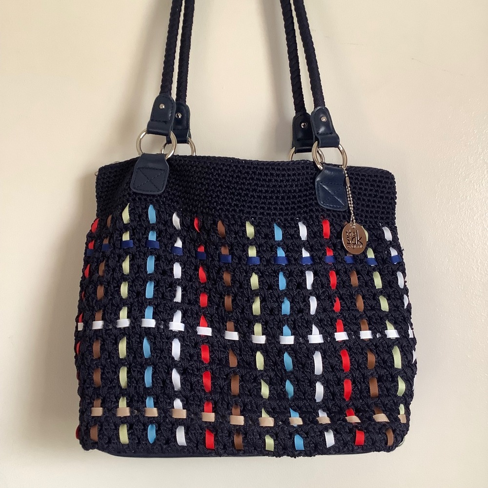 The‎ Sak Originals Navy Blue Crochet Ribbon Weave Shoulder Bag Tote Boho Multi